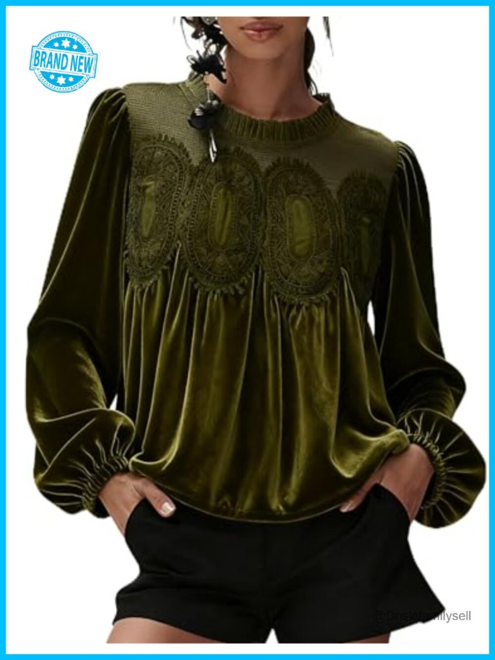 Women's Velvet Trim Lace Blouse Flared Swing Top Long Sleeve Casual